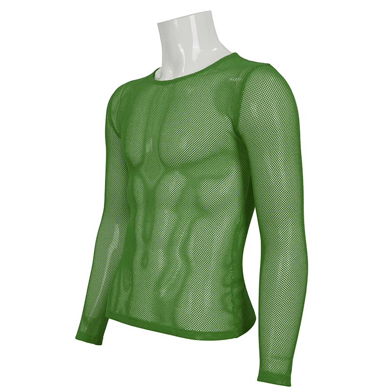 Male Soft Stretchy Transparent Tops: Green Long Sleeve Top