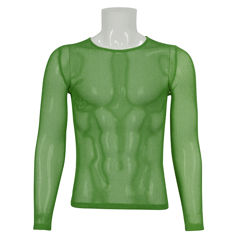Male Soft Stretchy Transparent Tops: Green Long Sleeve Top