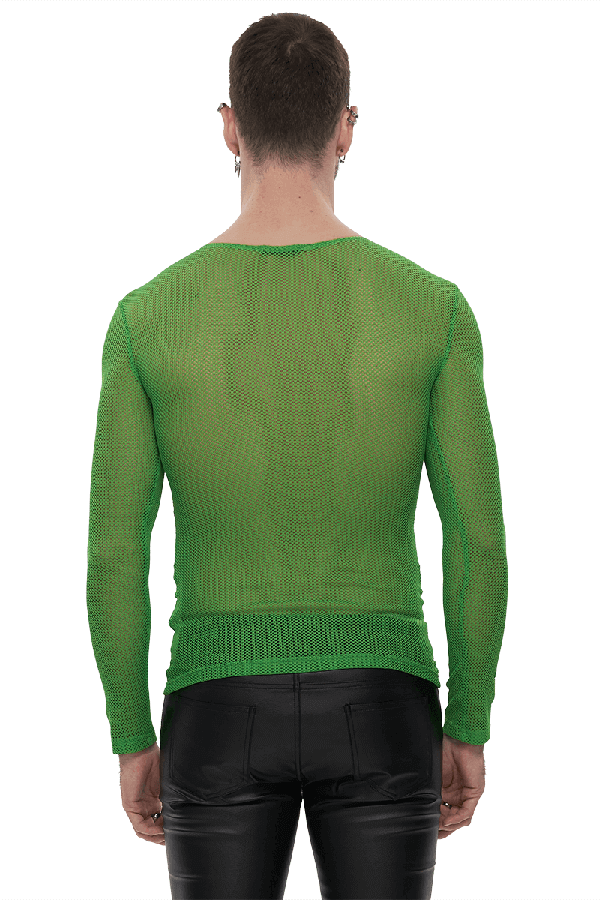 Male Soft Stretchy Transparent Tops: Green Long Sleeve Top