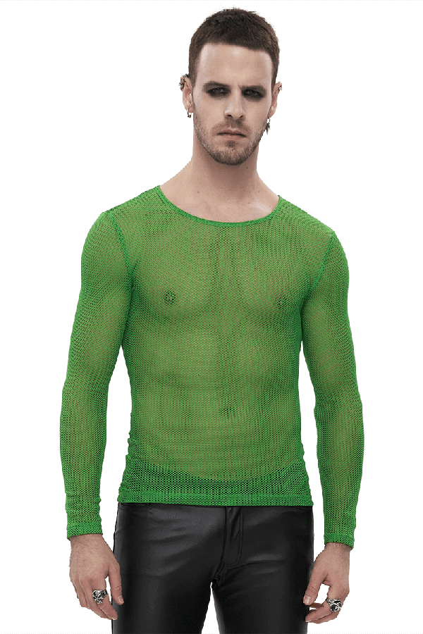 Male Soft Stretchy Transparent Tops: Green Long Sleeve Top