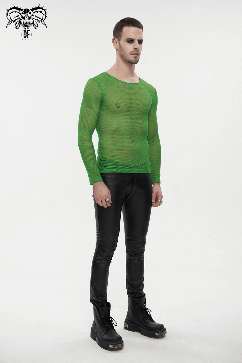 Male Soft Stretchy Transparent Tops: Green Long Sleeve Top