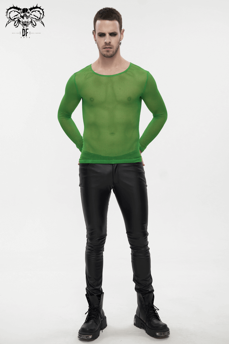 Male Soft Stretchy Transparent Tops: Green Long Sleeve Top