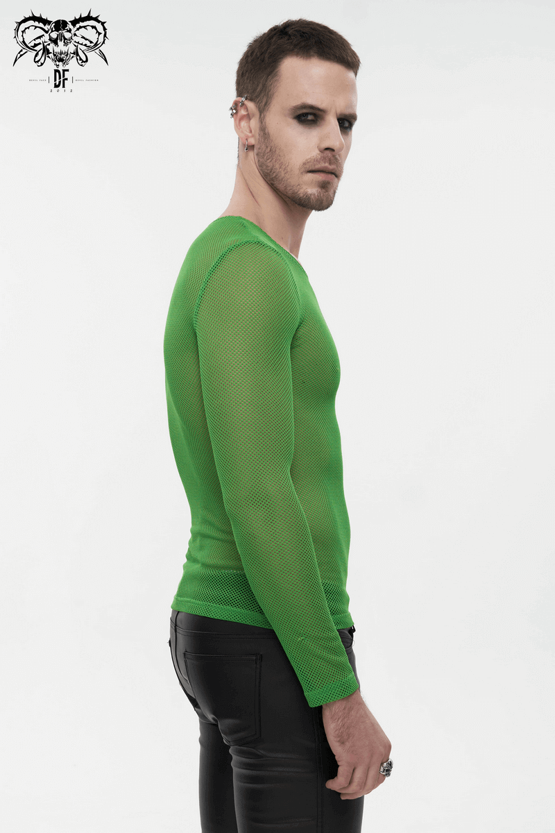 Male Soft Stretchy Transparent Tops: Green Long Sleeve Top