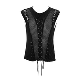 Men's Black Cotton Tank Top with Drawstring and Mesh