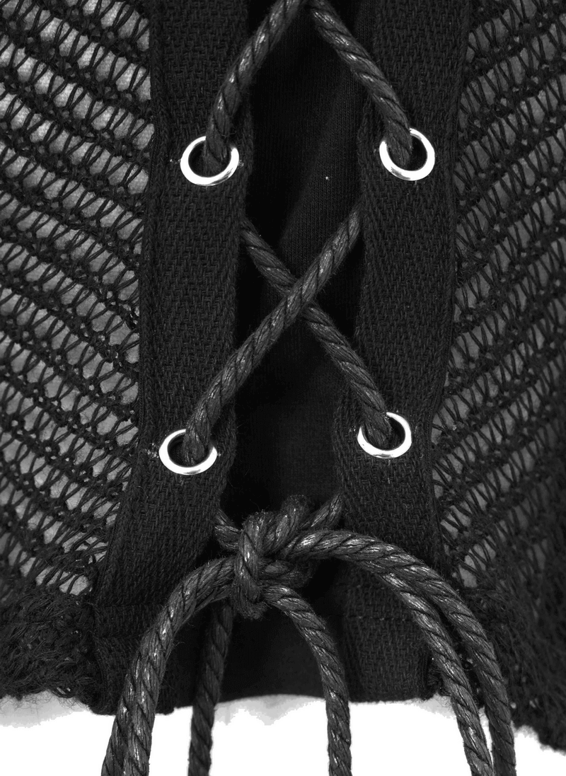 Men's Black Cotton Tank Top with Drawstring and Mesh