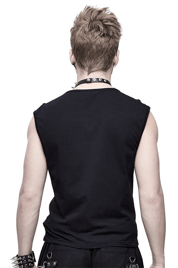 Men's Black Cotton Tank Top with Drawstring and Mesh