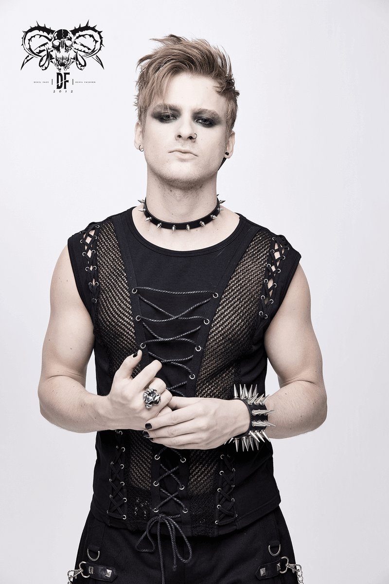 Men's Black Cotton Tank Top with Drawstring and Mesh