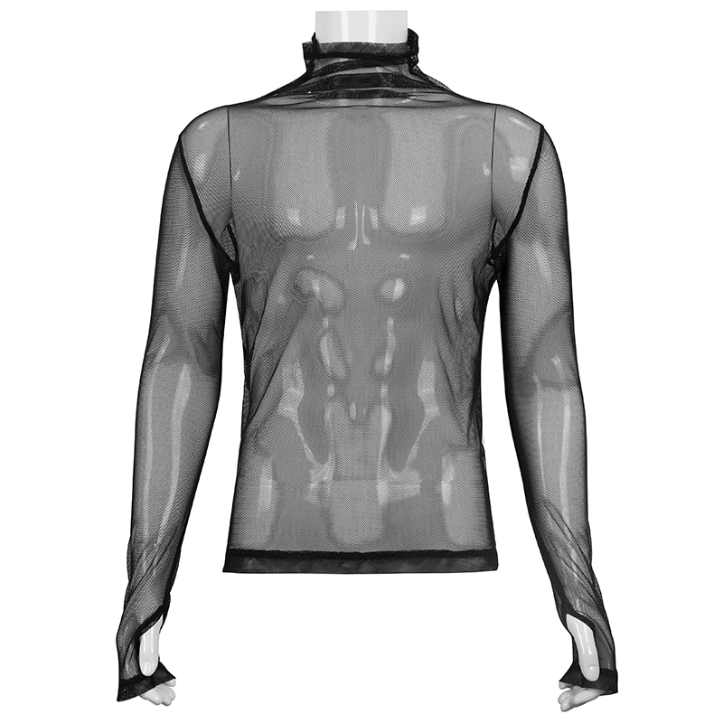 Men's Gothic Slim Fit Net Long Sleeve Top / Punk Black Mesh