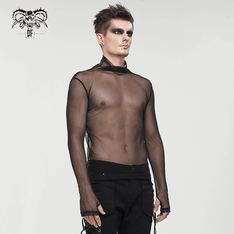Men's Gothic Slim Fit Net Long Sleeve Top / Punk Black Mesh