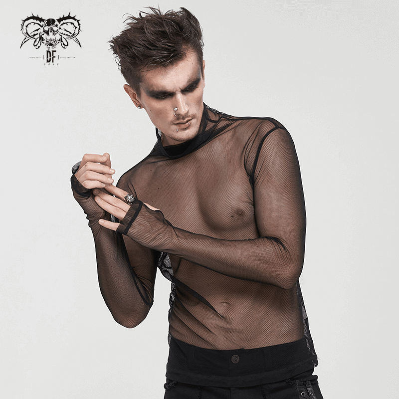 Men's Gothic Slim Fit Net Long Sleeve Top / Punk Black Mesh