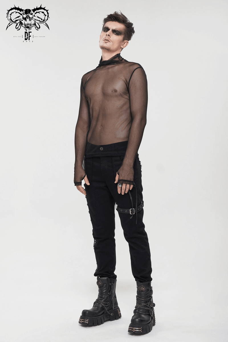 Men's Gothic Slim Fit Net Long Sleeve Top / Punk Black Mesh