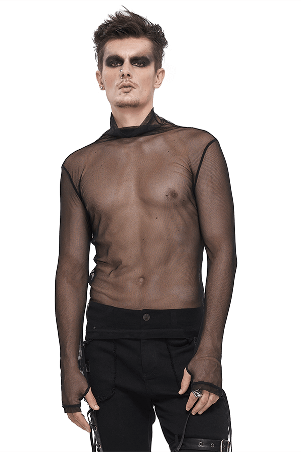 Men's Gothic Slim Fit Net Long Sleeve Top / Punk Black Mesh