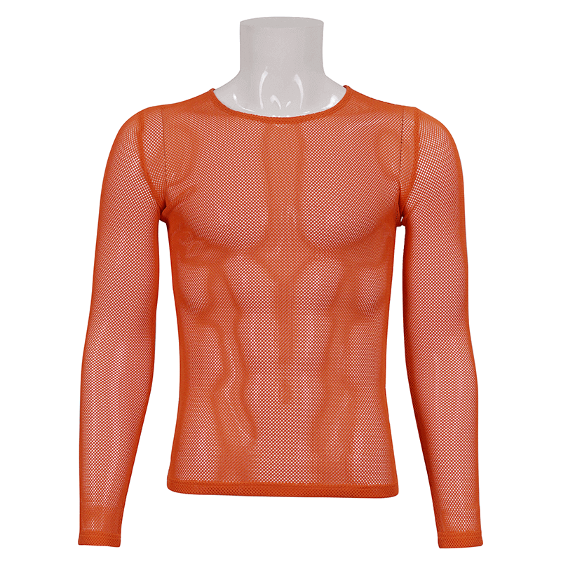 Men's Long Sleeves Mesh Top: Stylish Orange Transparency