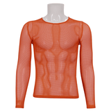 Men's Long Sleeves Mesh Top: Stylish Orange Transparency
