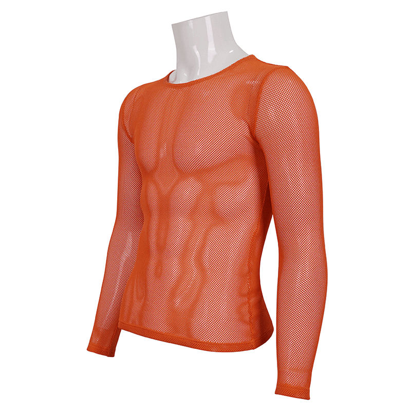 Men's Long Sleeves Mesh Top: Stylish Orange Transparency