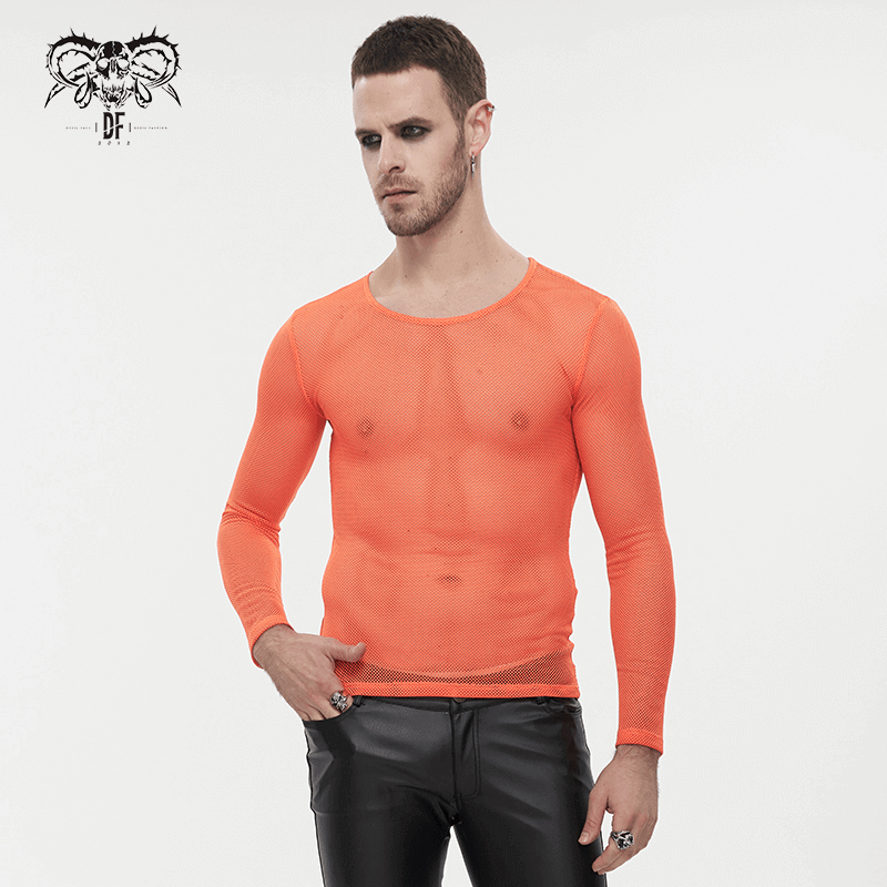 Men's Long Sleeves Mesh Top: Stylish Orange Transparency