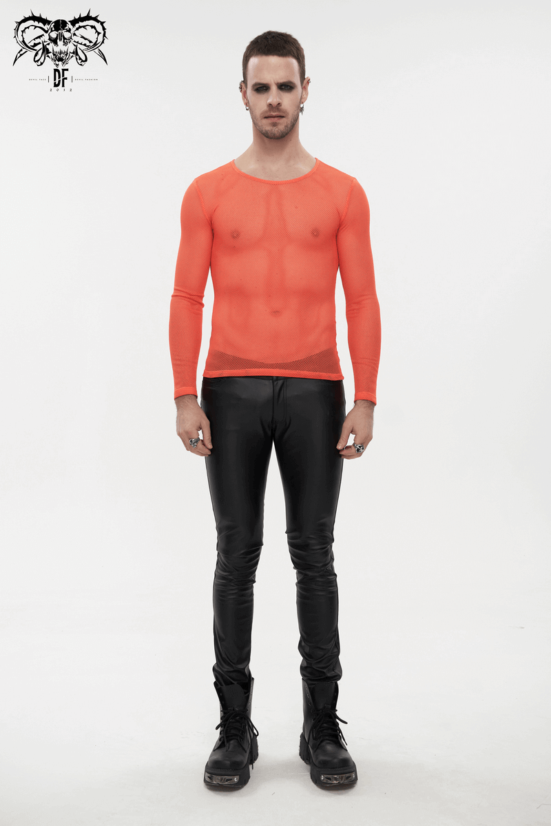 Men's Long Sleeves Mesh Top: Stylish Orange Transparency