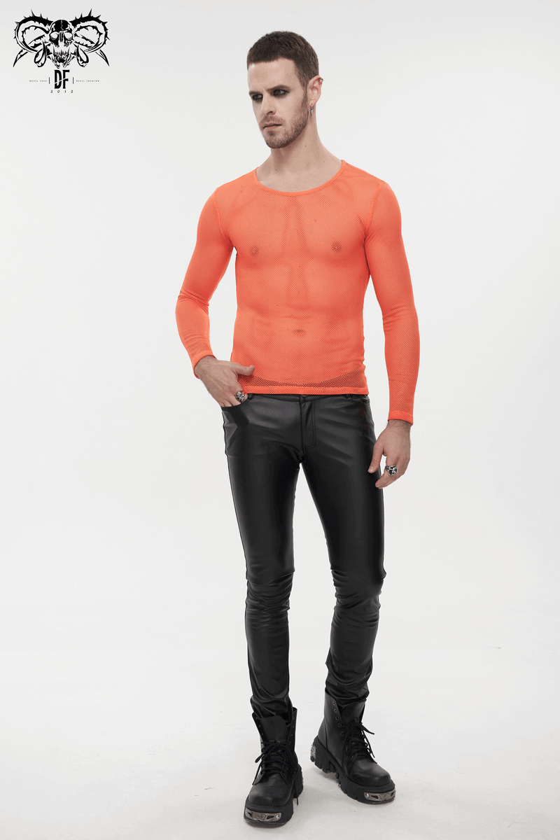 Men's Long Sleeves Mesh Top: Stylish Orange Transparency