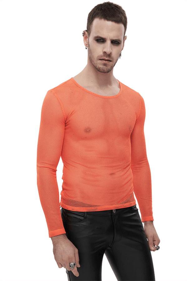 Men's Long Sleeves Mesh Top: Stylish Orange Transparency