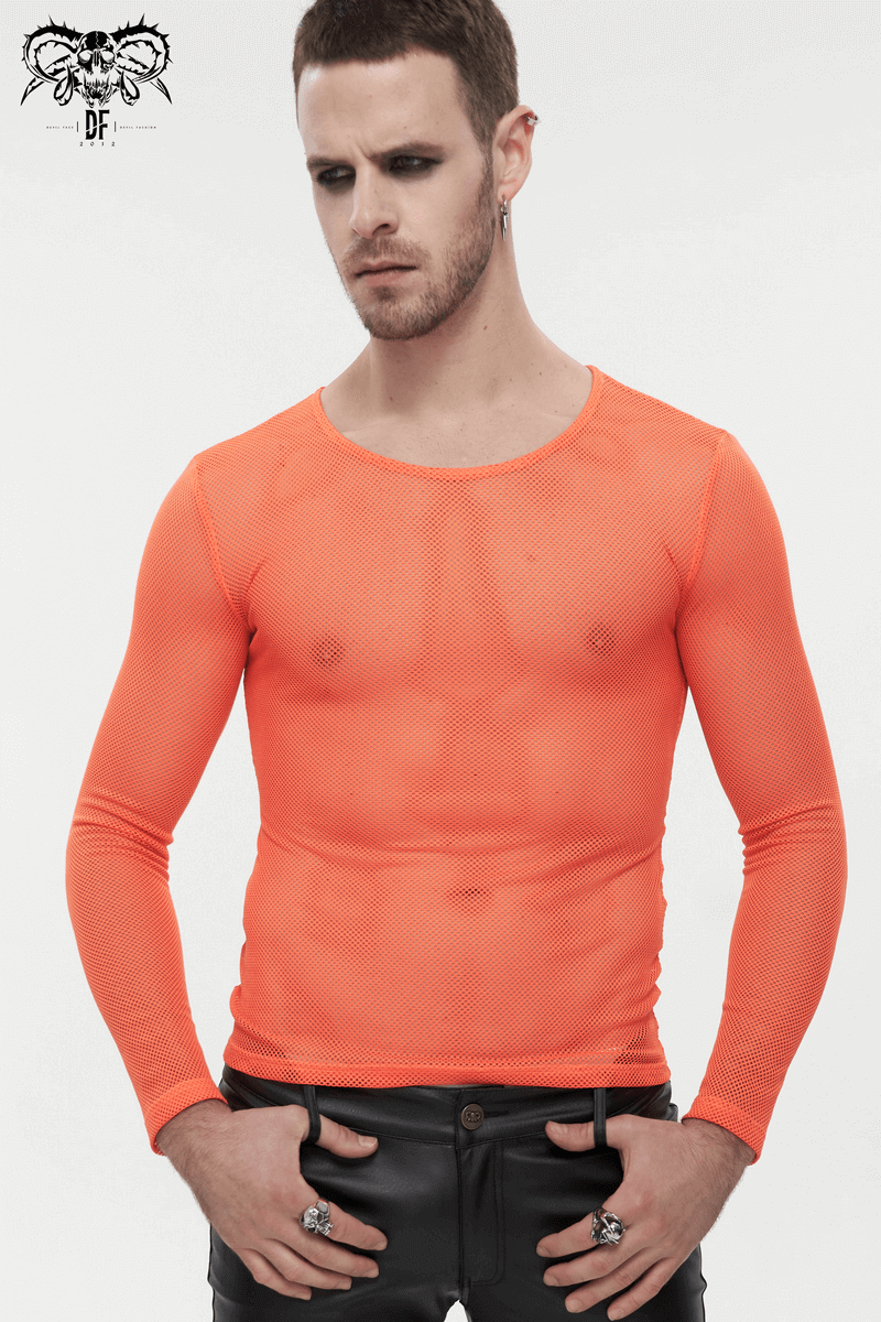 Men's Long Sleeves Mesh Top: Stylish Orange Transparency