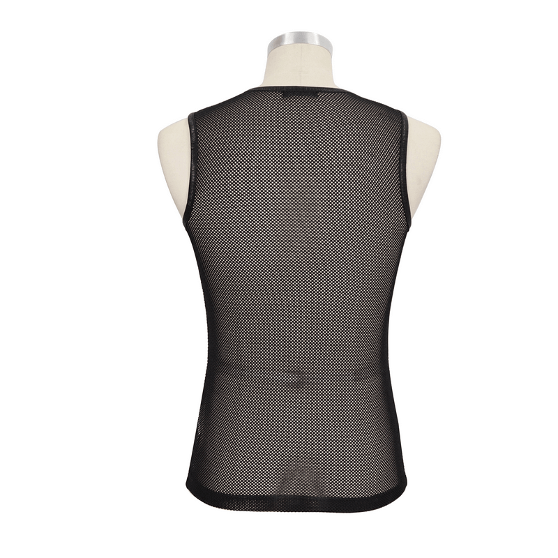 Men's Mesh Tank Top / Black Sleeveless Top with Round Neck
