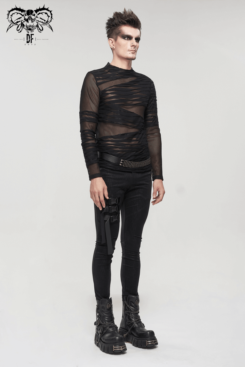 Men's Punk Transparent Striped Top / Black Long Sleeve