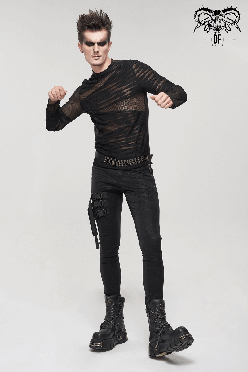 Men's Punk Transparent Striped Top / Black Long Sleeve