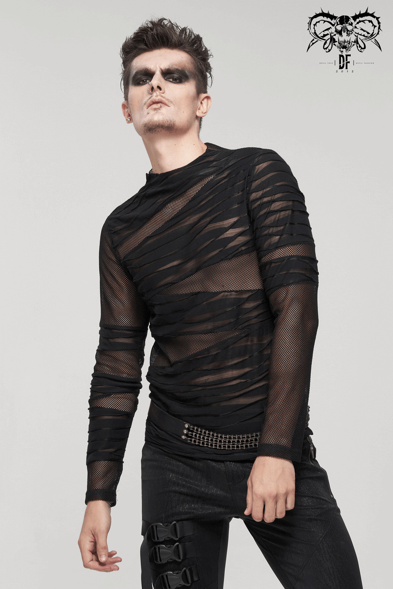 Men's Punk Transparent Striped Top / Black Long Sleeve