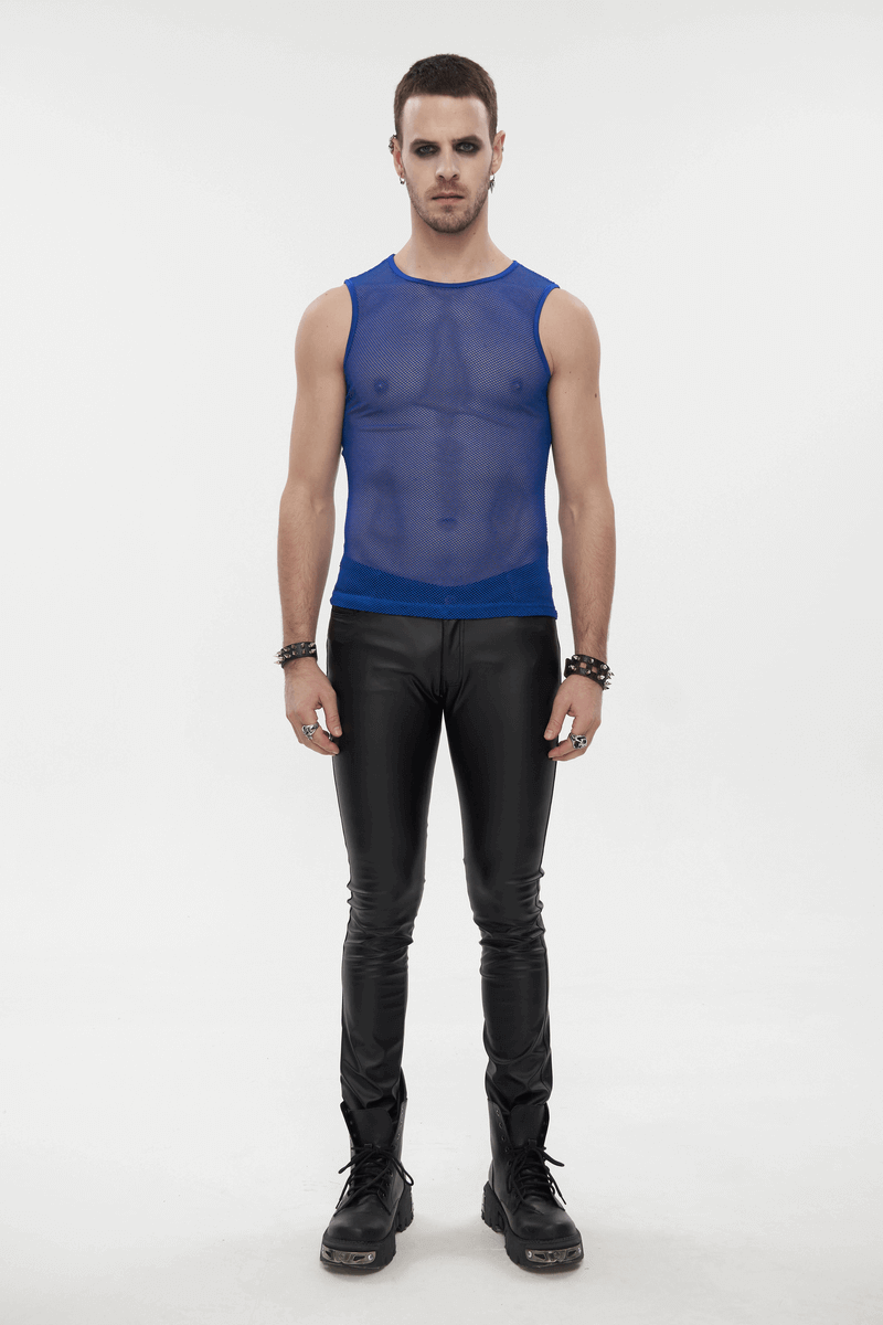 Men's Sleeveless Mesh Tank Top: Punk Round Neck Blue Top
