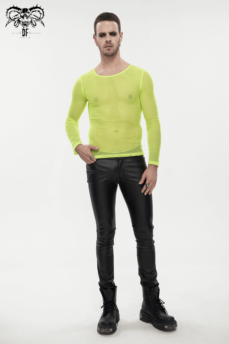 Men's Soft Stretchy Yellow Mesh Top: Stylish Long Sleeve