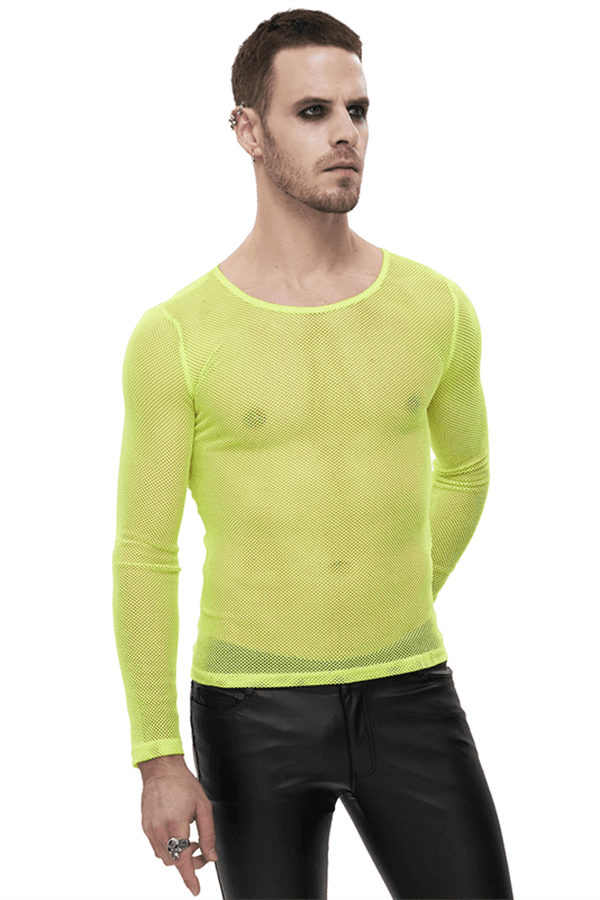 Men's Soft Stretchy Yellow Mesh Top: Stylish Long Sleeve