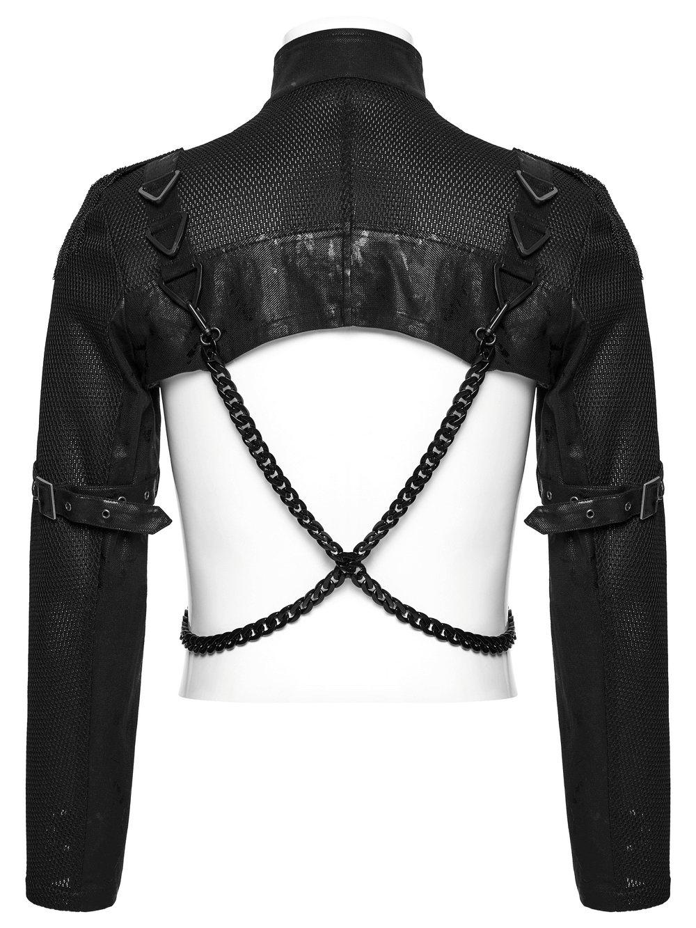 Mesh Cropped Jacket Featuring Chains and Buckle Accents