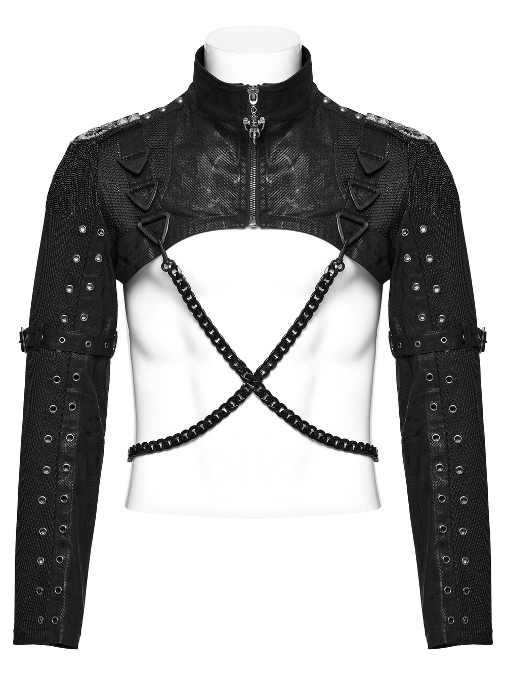 Mesh Cropped Jacket Featuring Chains and Buckle Accents