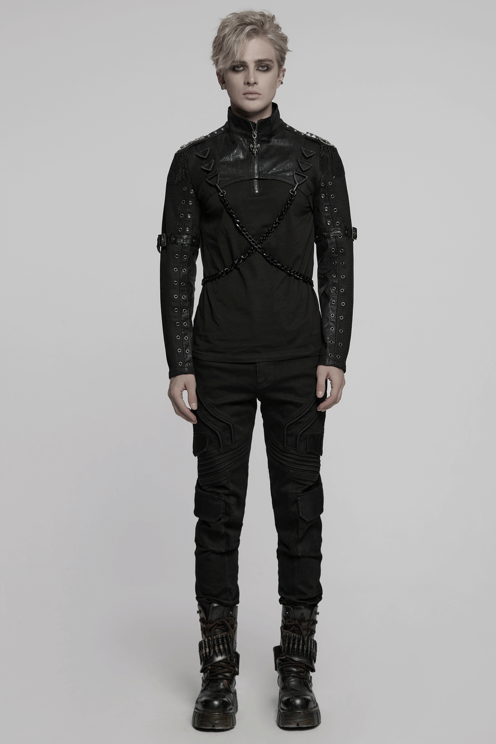 Mesh Cropped Jacket Featuring Chains and Buckle Accents