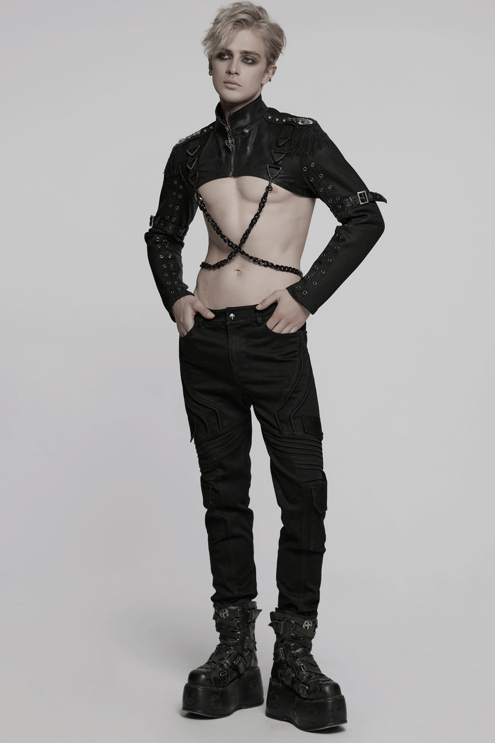 Mesh Cropped Jacket Featuring Chains and Buckle Accents