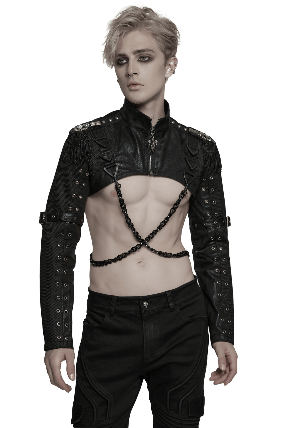 Mesh Cropped Jacket Featuring Chains and Buckle Accents
