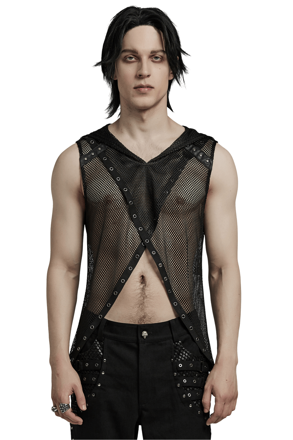 Mesh Gothic Hooded Vest with a Seductive Punk Hollow Design
