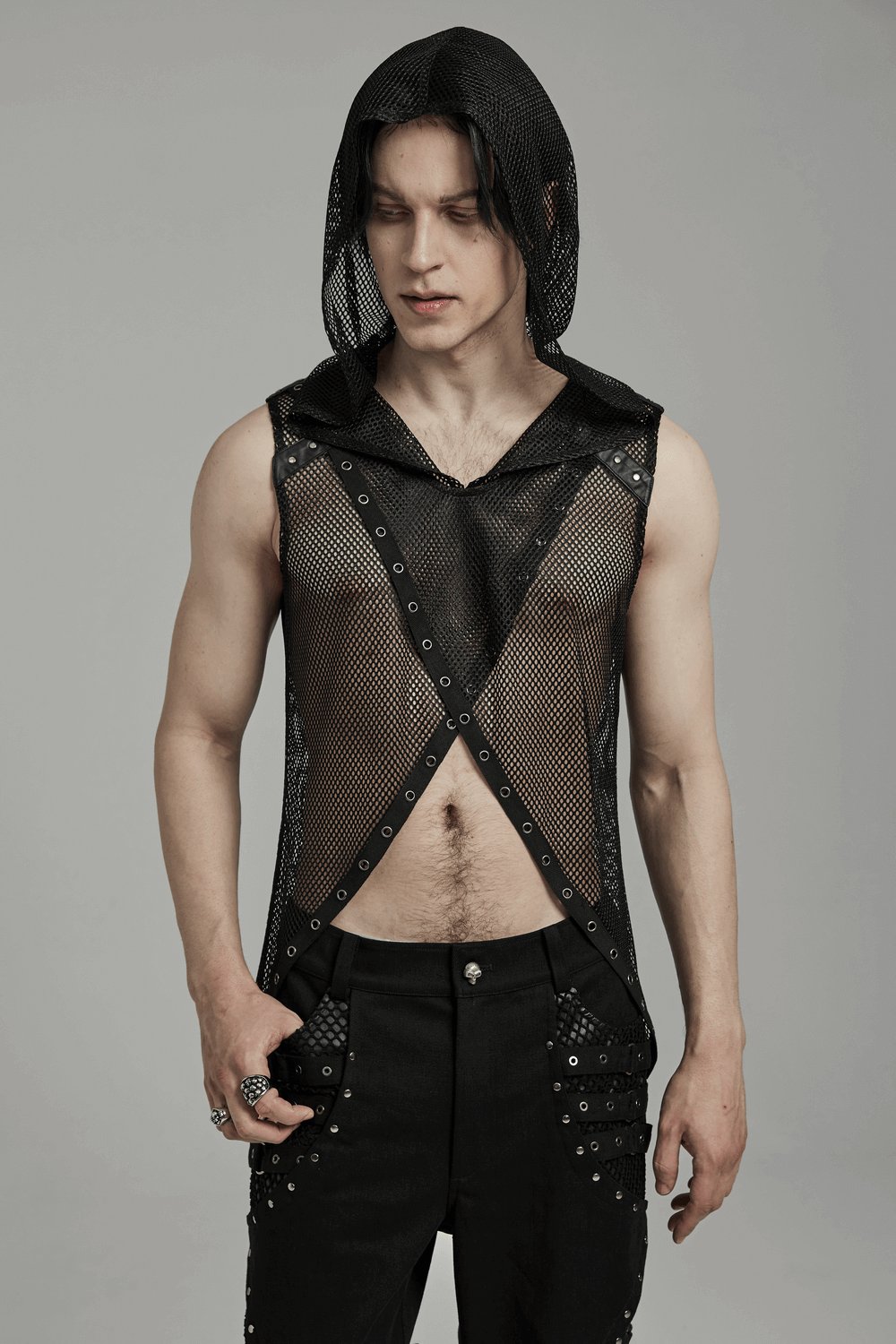 Mesh Gothic Hooded Vest with a Seductive Punk Hollow Design