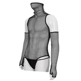 Mesh High Collar Bodysuit / Men's Sexy Bodysuit With Gloves