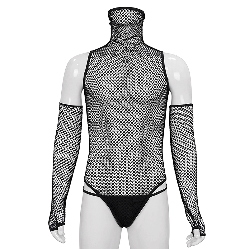 Mesh High Collar Bodysuit / Men's Sexy Bodysuit With Gloves
