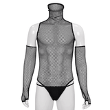 Mesh High Collar Bodysuit / Men's Sexy Bodysuit With Gloves