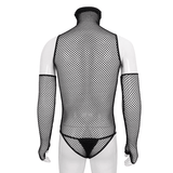 Mesh High Collar Bodysuit / Men's Sexy Bodysuit With Gloves