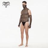 Mesh High Collar Bodysuit / Men's Sexy Bodysuit With Gloves
