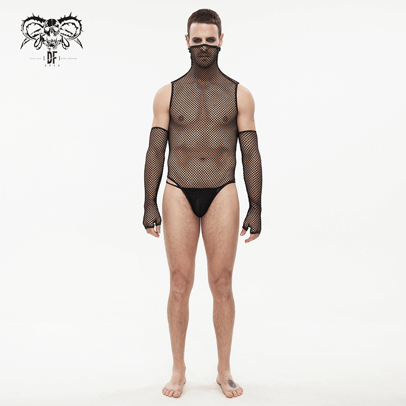 Mesh High Collar Bodysuit / Men's Sexy Bodysuit With Gloves