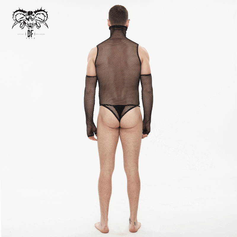 Mesh High Collar Bodysuit / Men's Sexy Bodysuit With Gloves