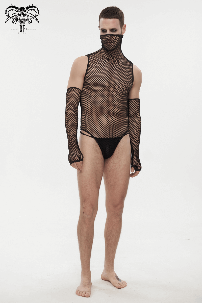 Mesh High Collar Bodysuit / Men's Sexy Bodysuit With Gloves