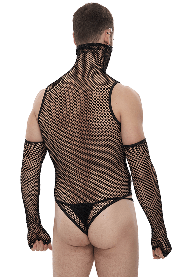 Mesh High Collar Bodysuit / Men's Sexy Bodysuit With Gloves