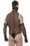 Mesh High Collar Bodysuit / Men's Sexy Bodysuit With Gloves
