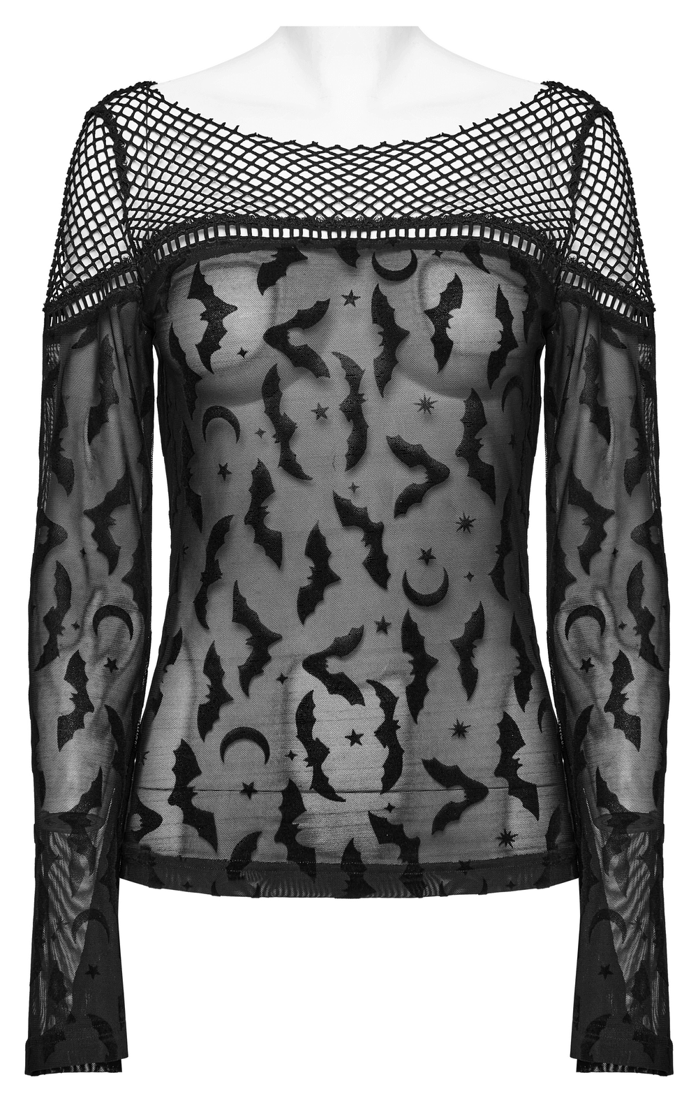Mesh Long Sleeves Top with Gothic Print