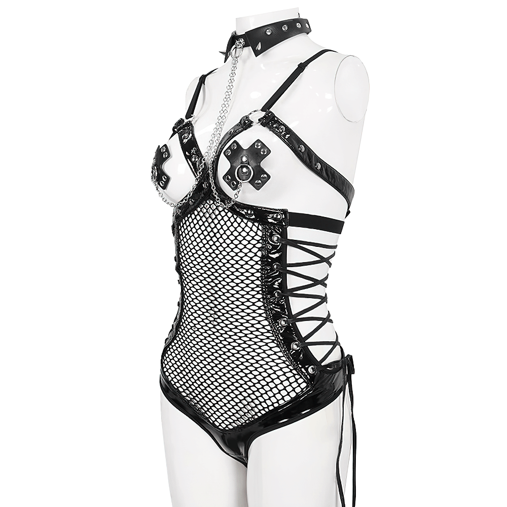 Mesh Patent Leather Bodysuit With Studs And Choker